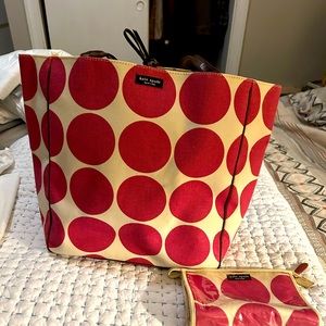 Kate Spade Vtg canvas tote Beige Pink Polka Dot Tote & Wallet EXCELLENT